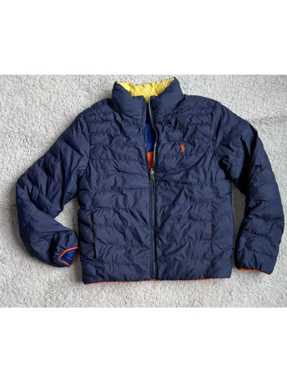 Polo Ralph Lauren Boys Reversible Coat Size M 10-12 Puffer Jacket Orange / Navy